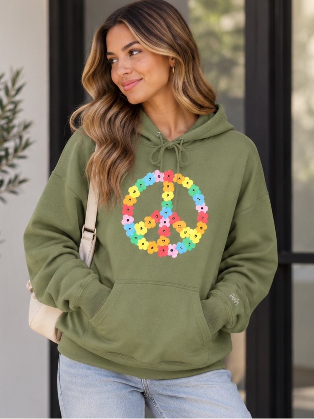 The Phluid Project Olive‎ Green Flower Peace Sign Hoodie Size L Unisex